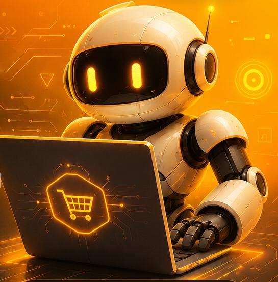 Robot tecnológico usando laptop para negocio digital